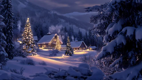 Snow-covered alpine cabins with illuminated fir trees at dusk