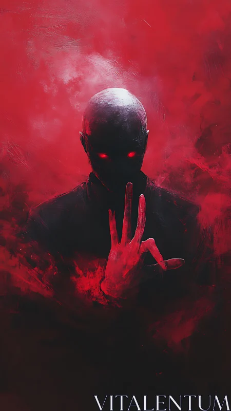 Red-immersed humanoid silhouette with glowing eyes and hand