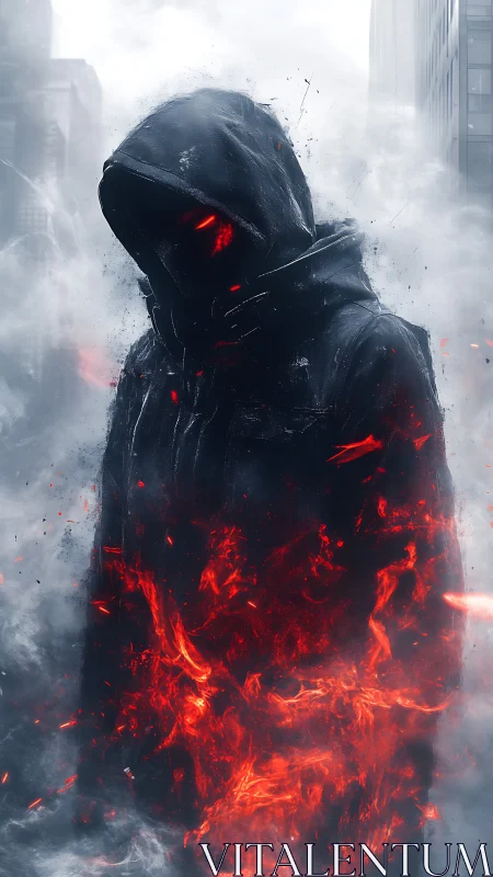 Hooded urban wraith engulfed in volcanic plasma firestorm