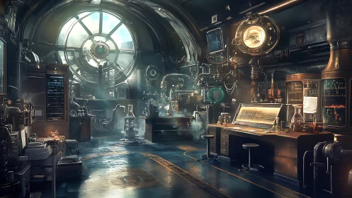 Steampunk laboratory interior with glowing analytical consoles