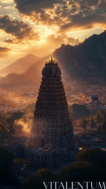 Sunlit temple tower rising through mist over mountain city.