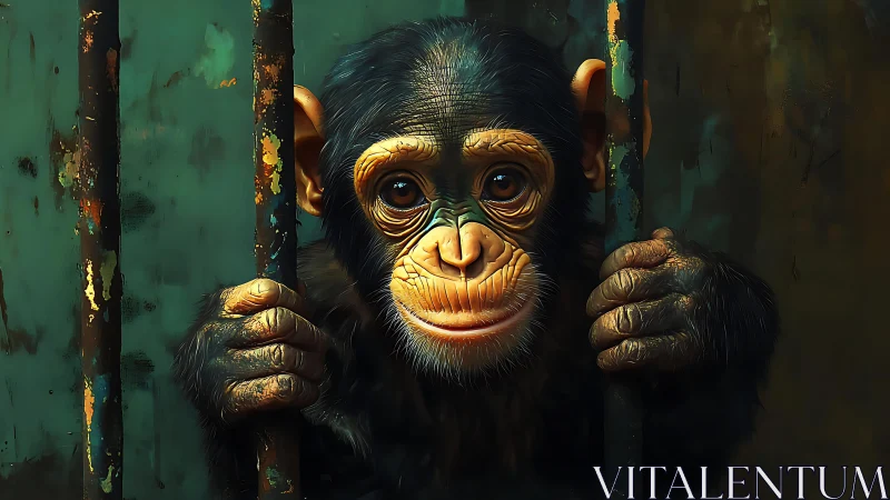 Young chimpanzee grips corroded metal bars with hyperreal detail