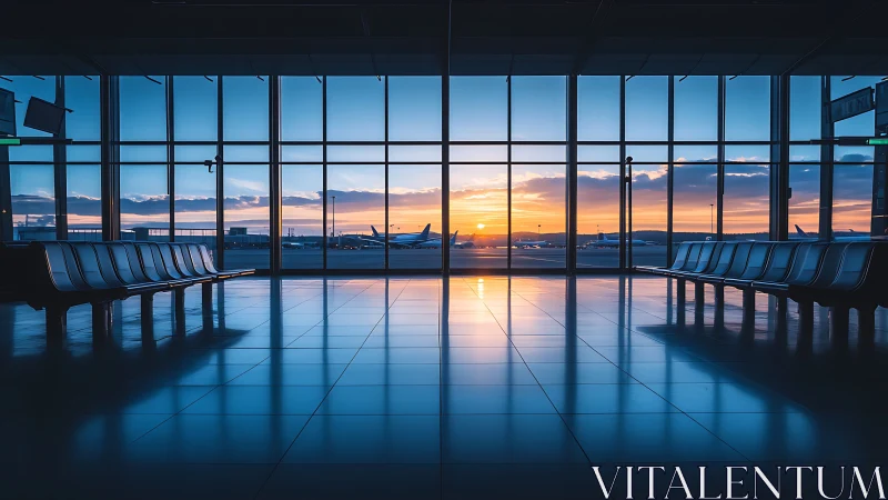 Sunrise hush over empty airport gate and dreaming runways.