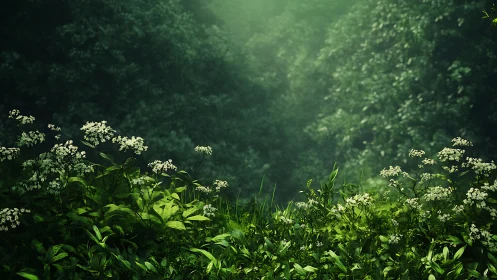 Dense forest undergrowth with white flowers blooming beneath canopy