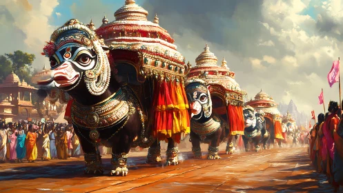 Ornate temple chariots in vibrant South Indian festival procession.