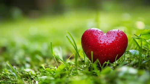 Red Heart Rests on Fresh Green Grass.