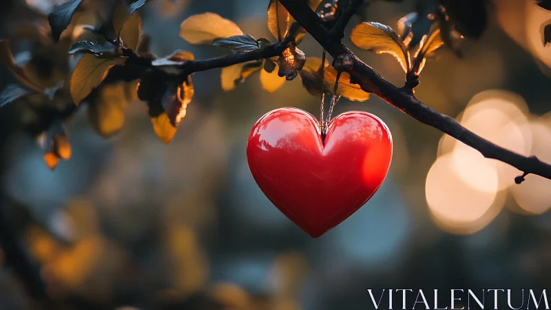 Red heart suspended on dark branch under golden light.