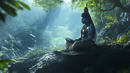 Meditative blue deity rendered in volumetric forest light.