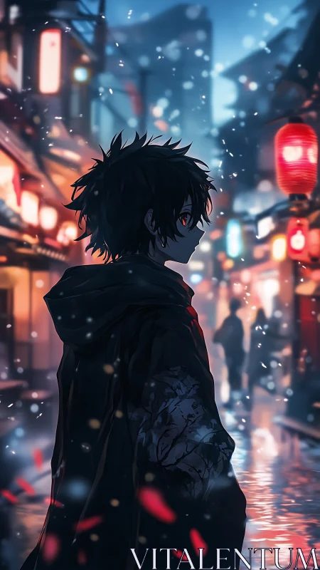 Hooded youth on neon street under drifting digital snowfall.