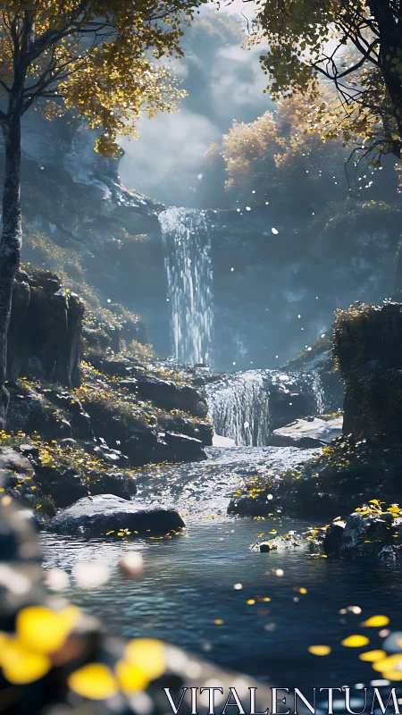 Digital painting of tiered woodland waterfall in autumn light.