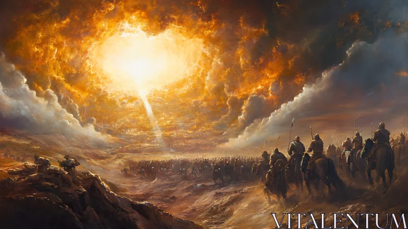 Radiant sky opening above a steadfast gathering of riders.