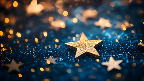 Glittering star shapes lie on a blue, defocused surface
