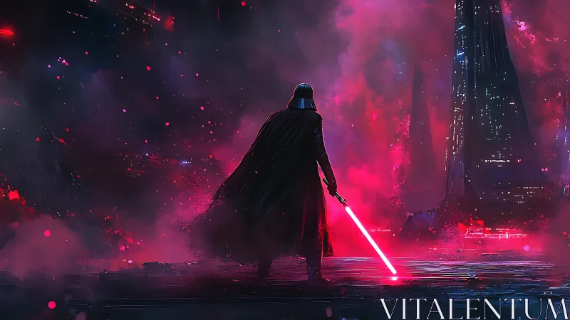 Backlit armored figure with red energy sword in neon fogscape