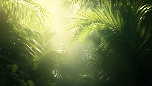 Dense tropical foliage with diffused backlit sunlight shafts.