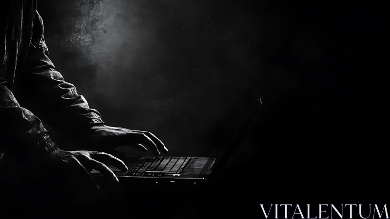 Hooded hacker types in darkness on backlit laptop keyboard.