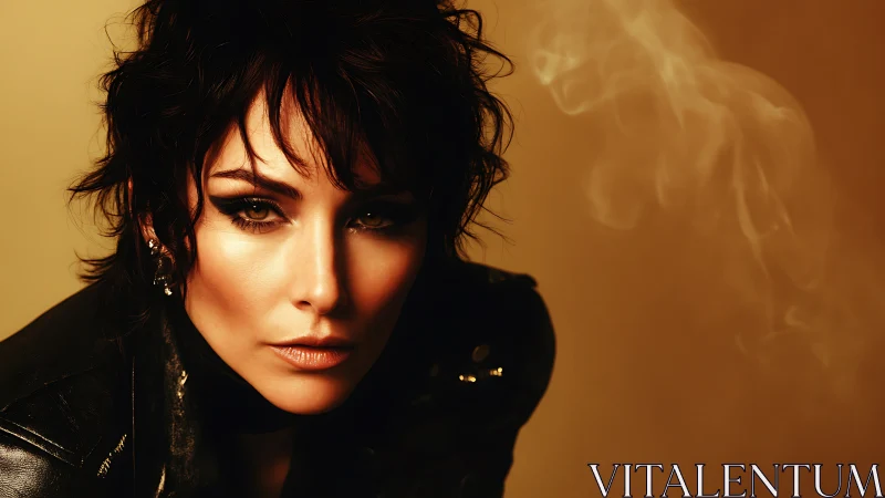 Edgy portrait of woman in leather jacket against smoke.