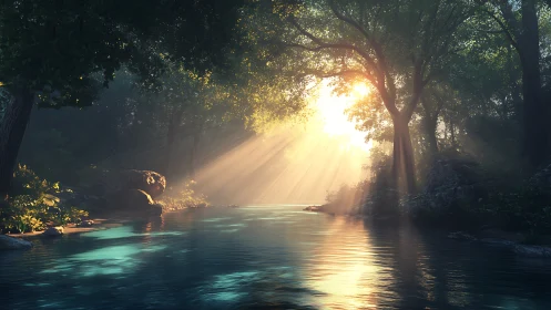 Sunlit forest river welcoming a quiet moment of wonder.