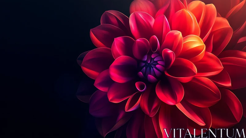 Red Dahlia Bloom. Luminous petals against darkness.