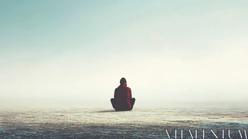Solitary hooded figure sits on vast foggy landscape horizon