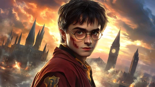 Battle-worn young wizard guards twin burning skylines.