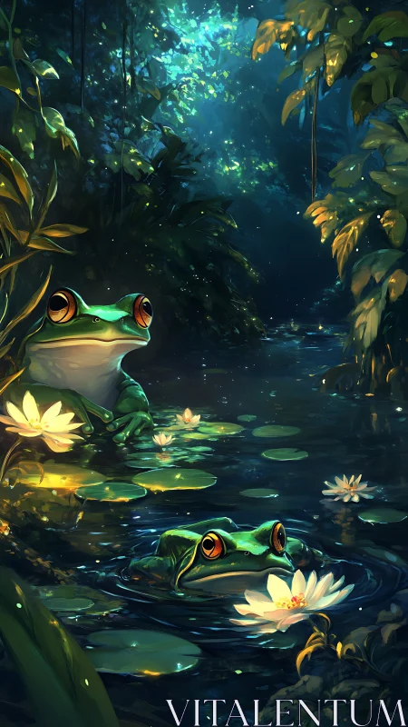 Curious forest frogs drifting through a lantern-lit lagoon.