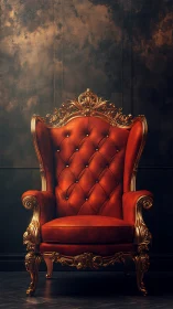 Ornate red leather throne against dark textured wall.