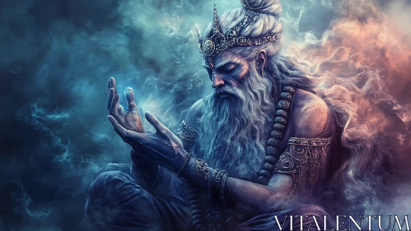 Ancient robed figure with crown in blue and orange smoke.