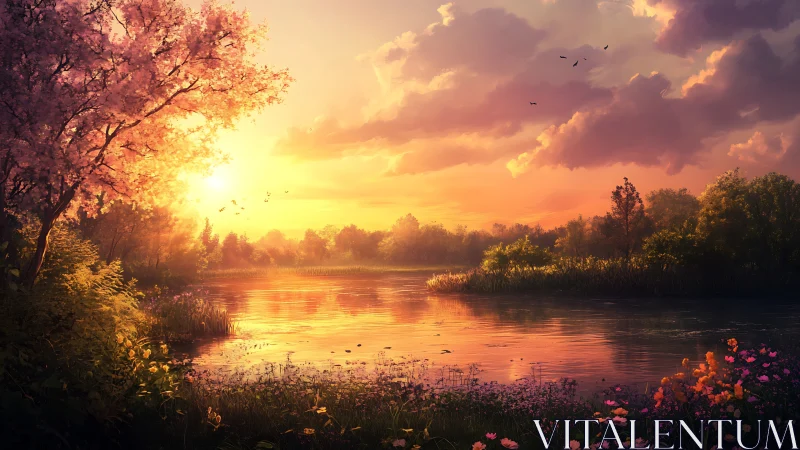 Golden sunset lake with blooming spring trees and flowers.