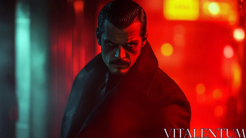 Man in dark overcoat stands in neon red city alleyway