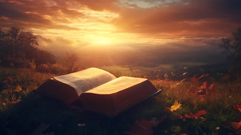 Open book rests on autumn hillside under glowing sunset sky