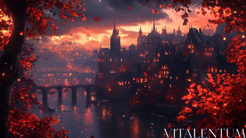 Medieval riverside city glows under red autumn sunset light