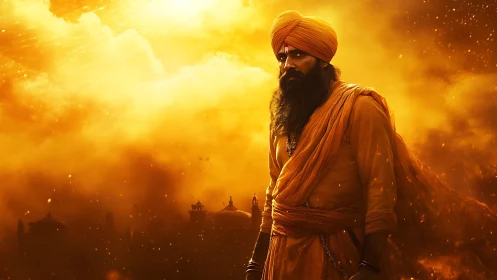 Sikh warrior in orange robes against dramatic golden sky.