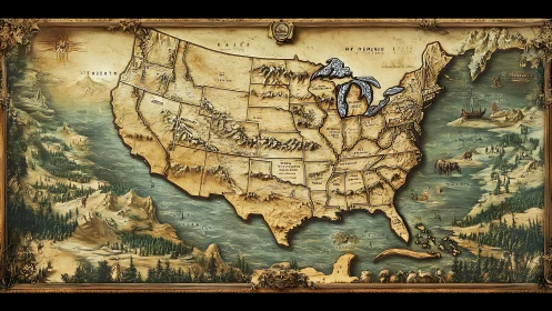 Whimsical vintage-style treasure map of the United States.
