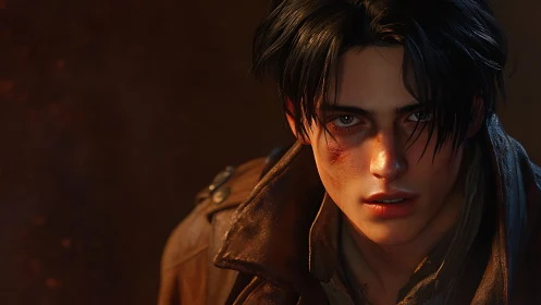 Battle-worn young man stares ahead in warm, moody light.