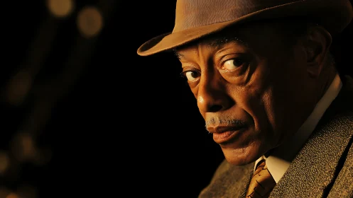 Warmly lit gentleman in a vintage hat and thoughtful gaze.