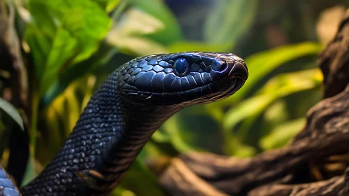 Close view of glossy black snake head in foliage habitat.