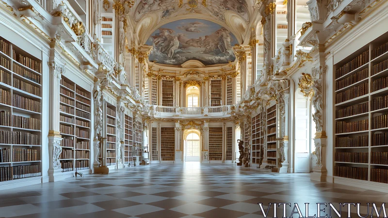 Baroque library nave rendered with symmetrical perspective lighting