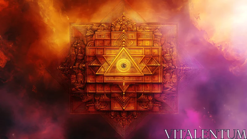 Geometric mandala with central golden triangle motif.