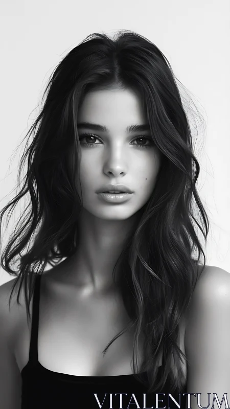 Monochrome portrait highlights luminous youthful beauty.