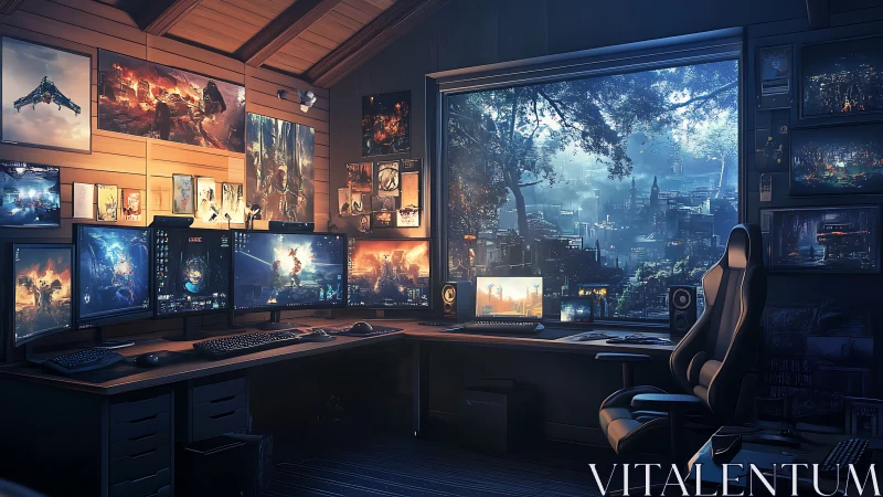 Futuristic gaming studio overlooks neon-drenched sci-fi cityscape.