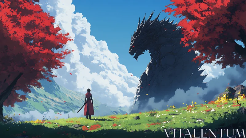 Lone swordsman confronts colossal dragon in vivid valley