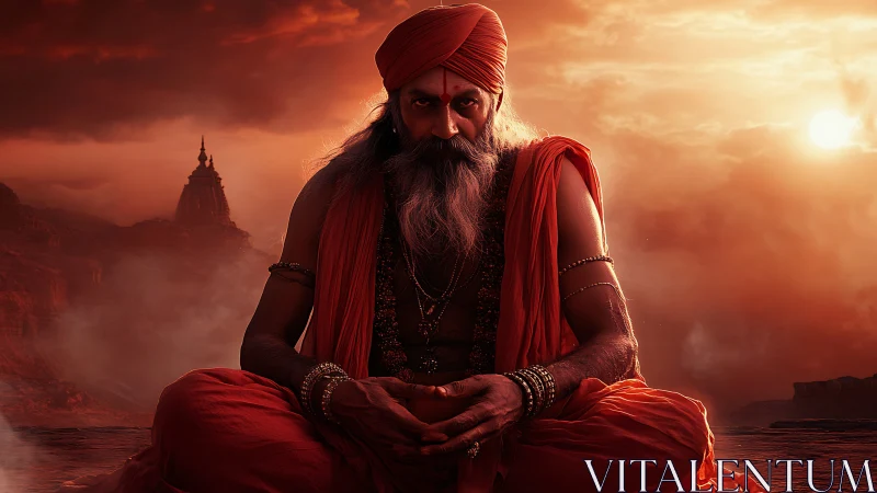 Serene mystic in sunset robes holding quiet desert wisdom.