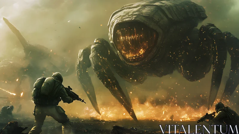 Colossal mech-arachnid confronts infantry in burning warzone.