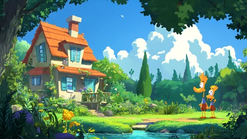 Cartoon duck characters observe sunny cottage in lush forest