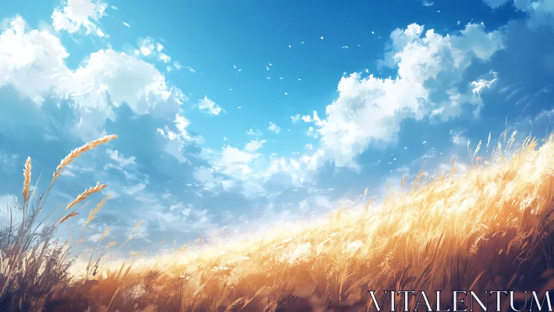 Golden wheat hillside under expansive summer sky digital art.