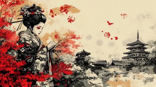 Geisha in floral kimono beside traditional pagoda scene.