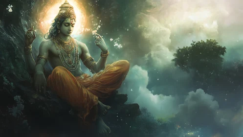 Divine meditative deity amid luminous celestial clouds.