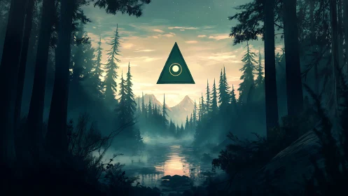Forest Landscape with Geometric Triangle Symbol