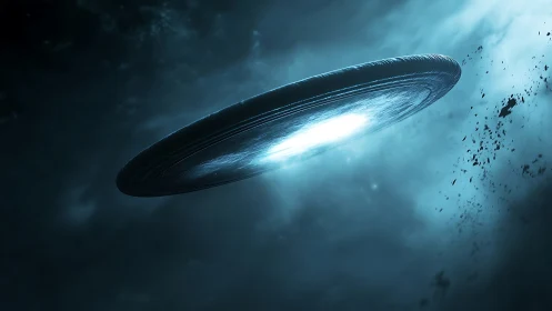 Massive luminous disc starship cuts through deep space field