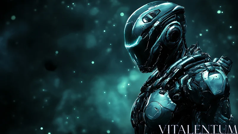 Futuristic armored cyborg in teal glowing sci fi suit.